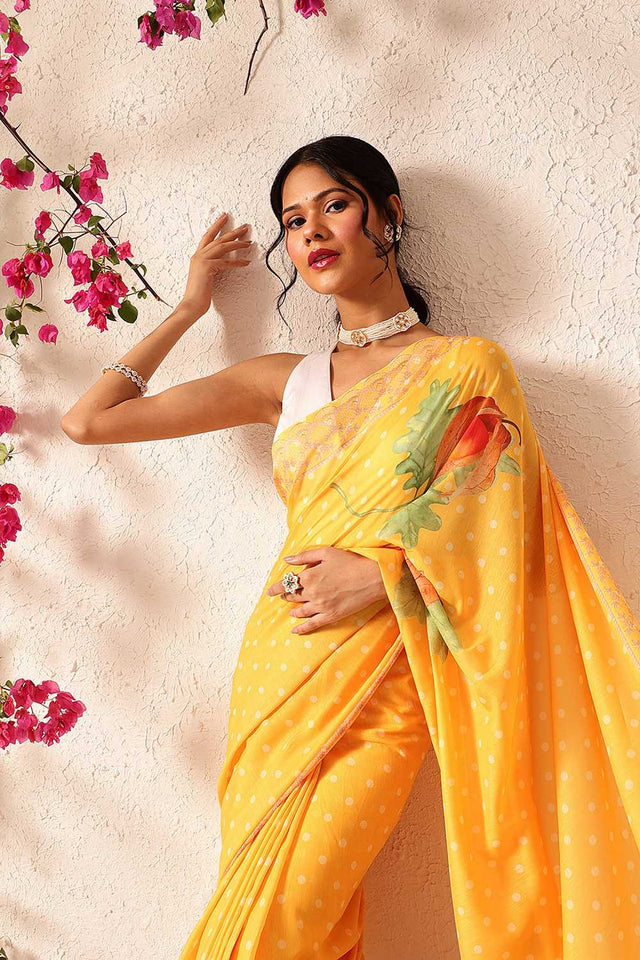 Mustard Polka Dots Printed Mul Cotton Ready to Wear Saree