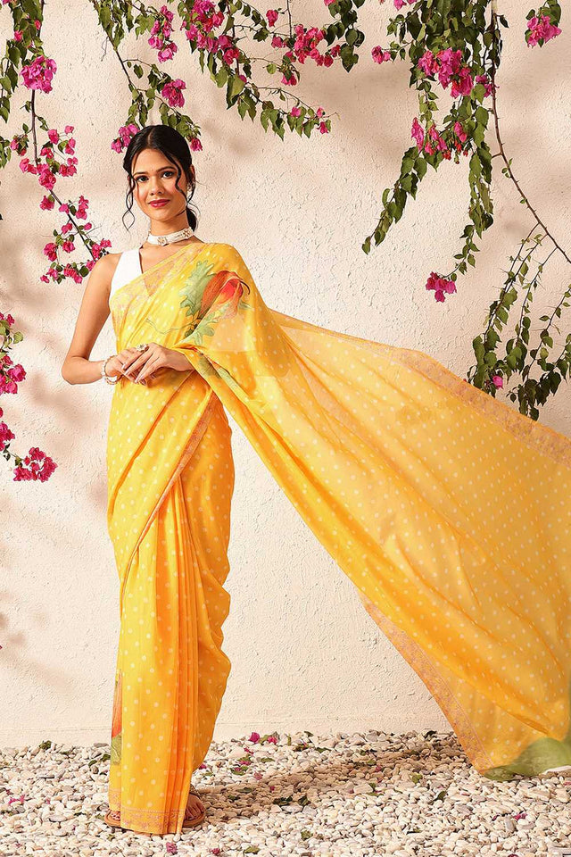 Mustard Polka Dots Printed Mul Cotton Ready to Wear Saree