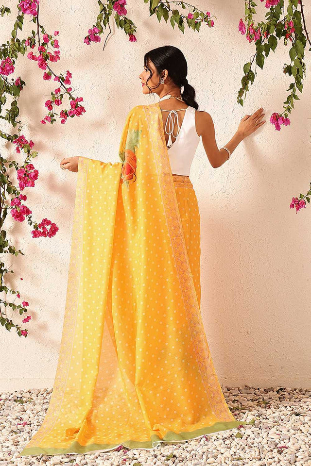 Mustard Polka Dots Printed Mul Cotton Ready to Wear Saree