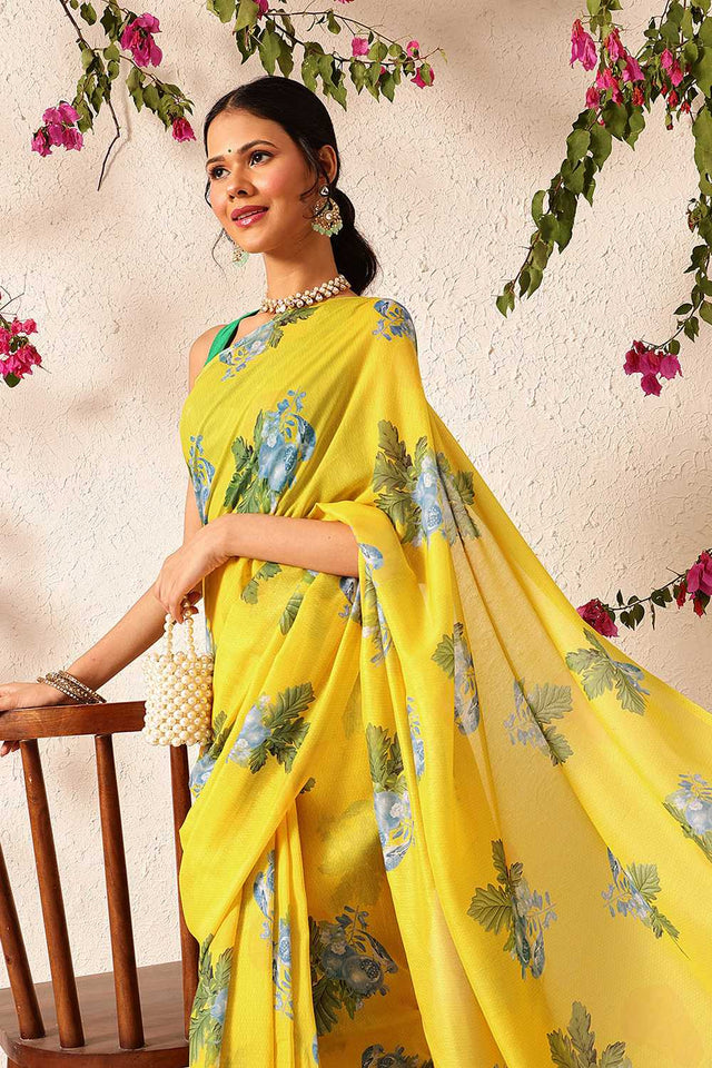 Yellow Abstract Printed Mul Cotton Ready to Wear Saree