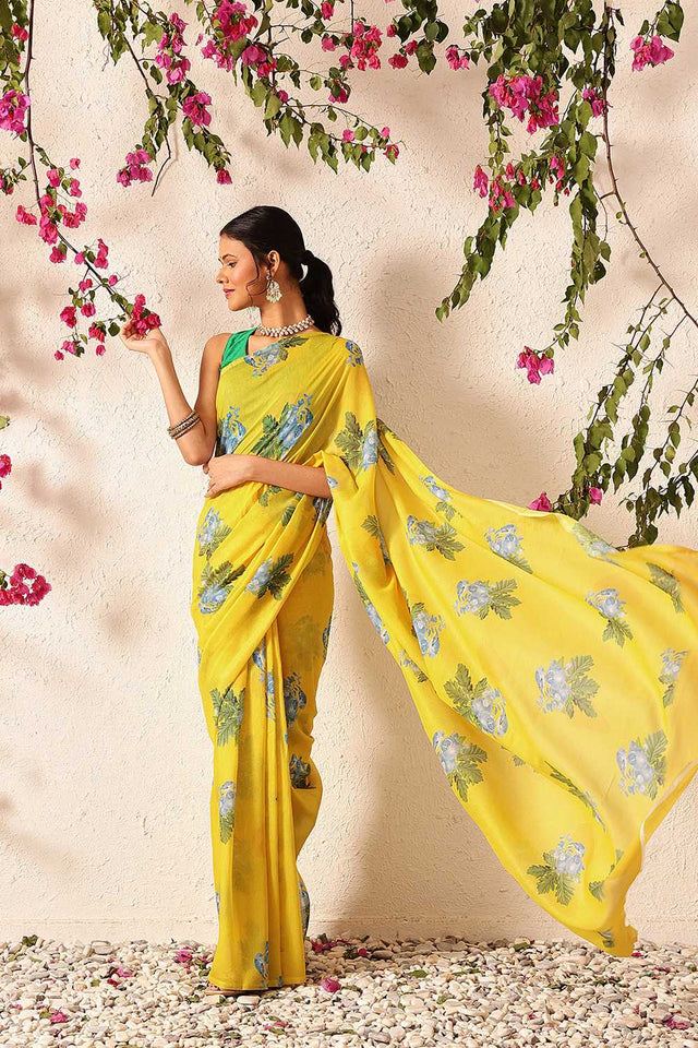 Yellow Abstract Printed Mul Cotton Ready to Wear Saree