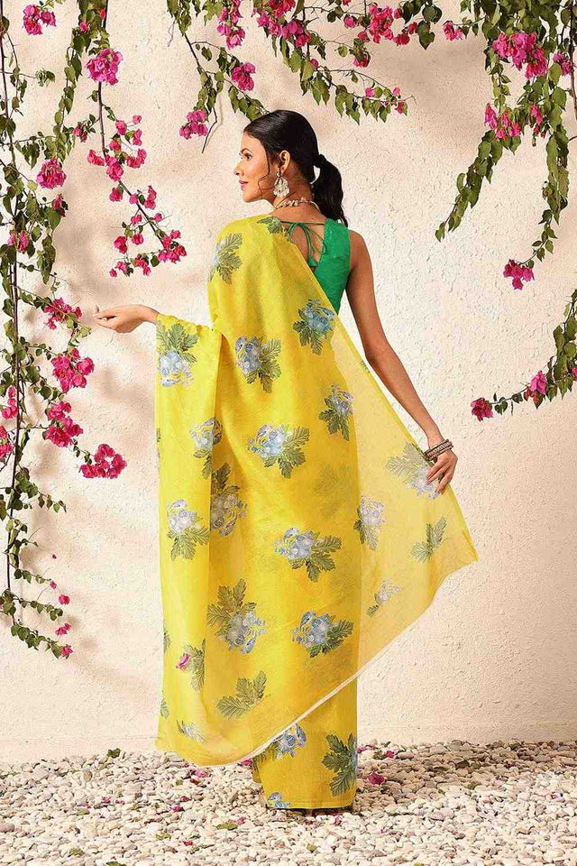 Yellow Abstract Printed Mul Cotton Ready to Wear Saree