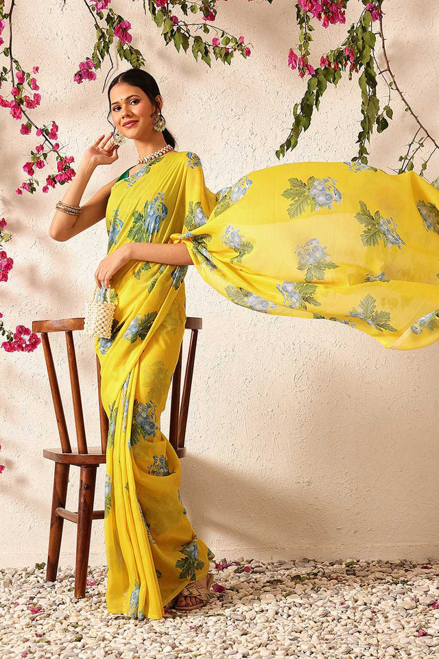 Yellow Abstract Printed Mul Cotton Ready to Wear Saree