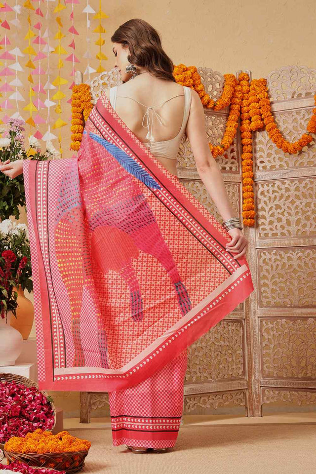 Pink Printed Cotton Ready to Wear Saree