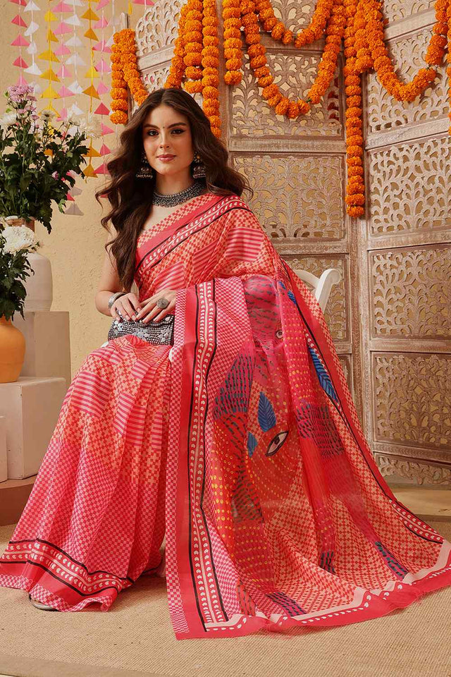 Pink Printed Cotton Ready to Wear Saree