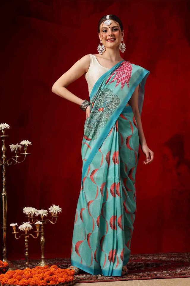 Turquoise Printed Cotton Ready to Wear Saree