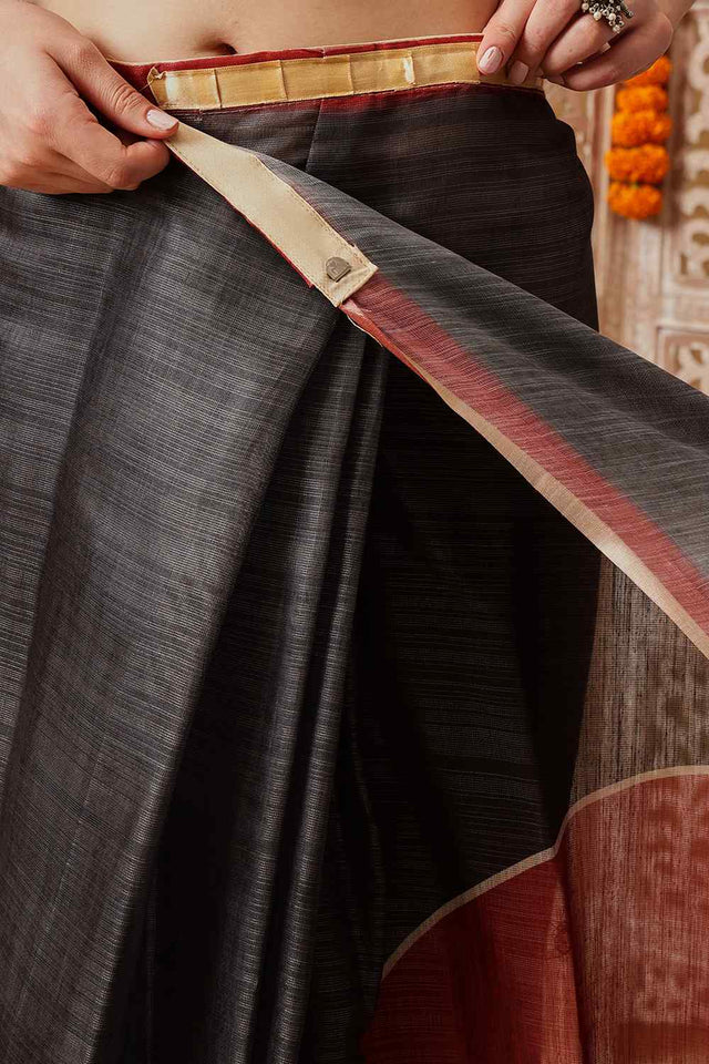 Grey Printed Cotton Blend Ready to Wear Saree