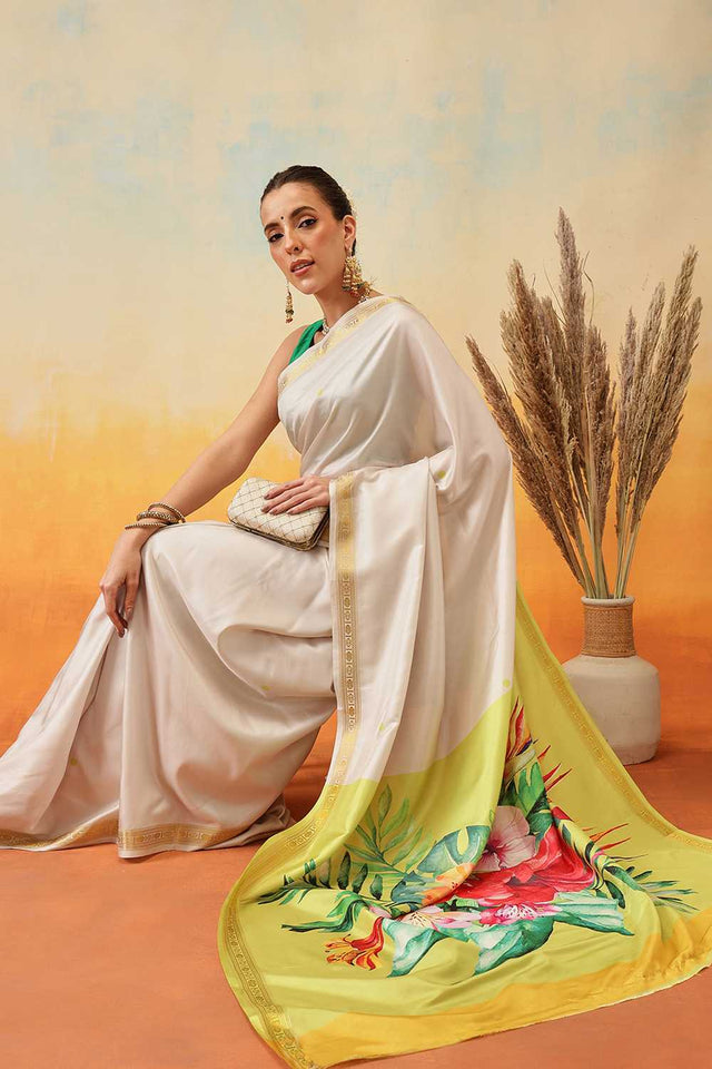 White Floral Printed Art Silk Ready to Wear Saree