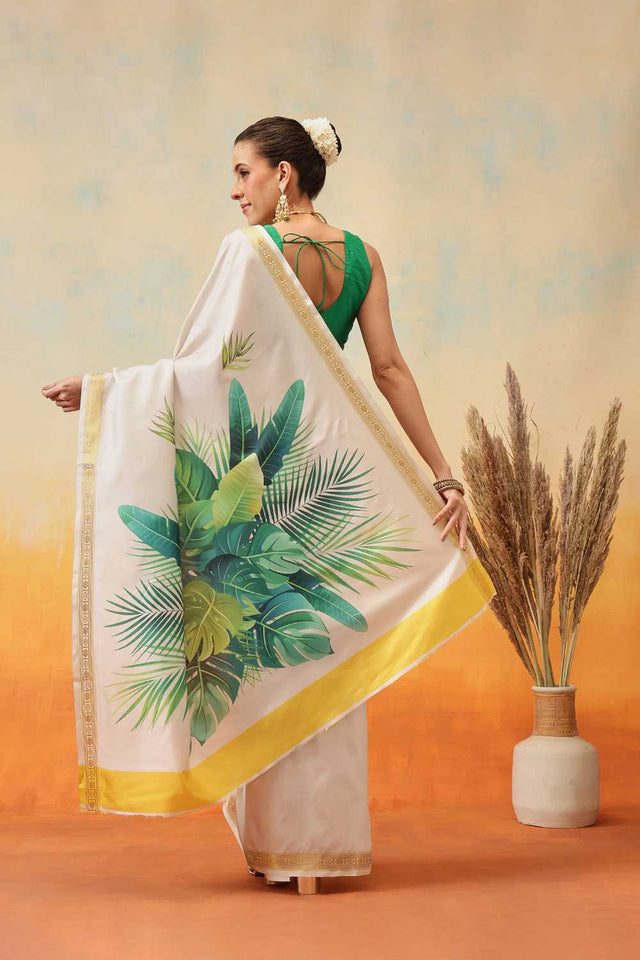 White Floral Printed Art Silk Ready to Wear Saree