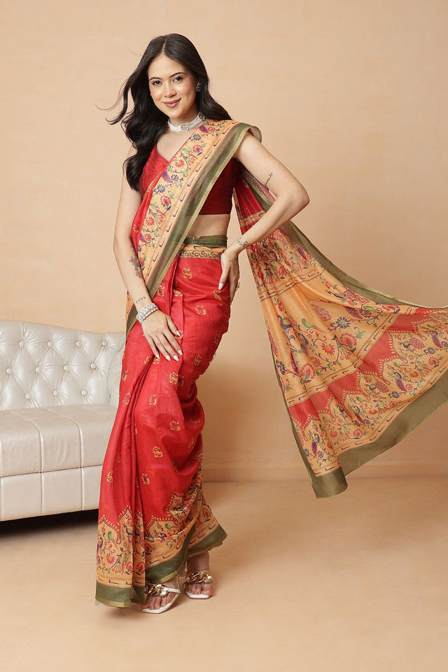 Red Floral Printed Cotton Blend Saree (SZR-DGPAITHANI-RD-2915)