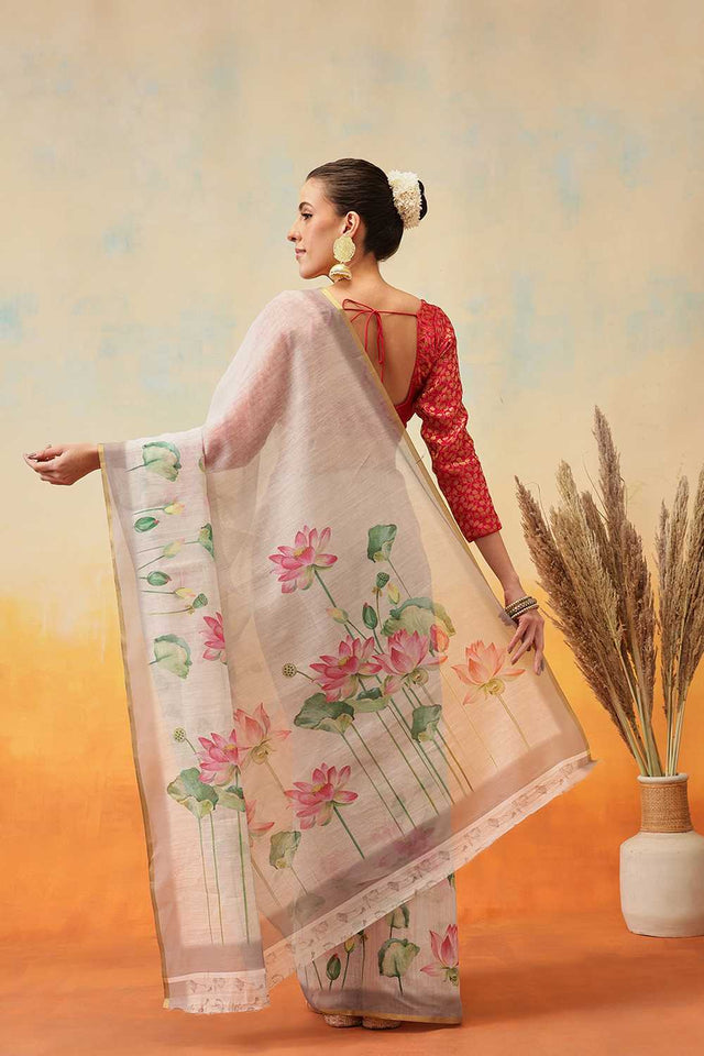 Beige Floral Printed Cotton Blend Ready to Wear Saree