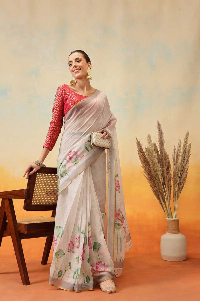 Beige Floral Printed Cotton Blend Ready to Wear Saree