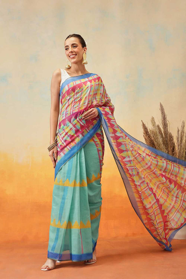 Multi Color Abstract Printed Cotton Blend Ready to Wear Saree