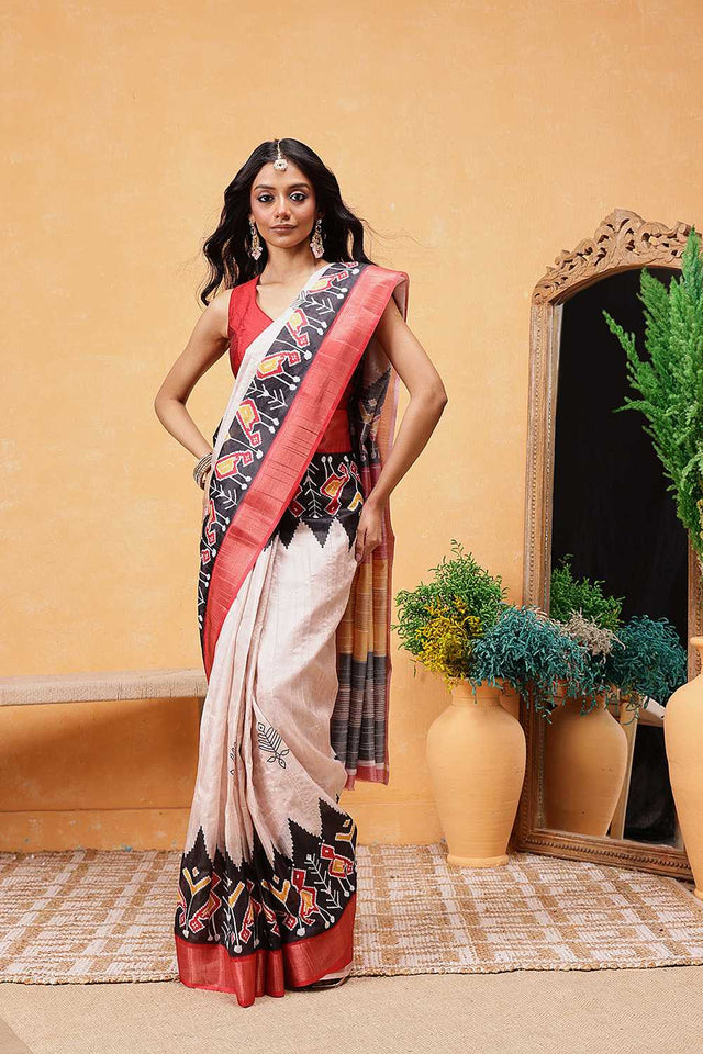 Beige Floral Printed Art Silk Ready to Wear Saree