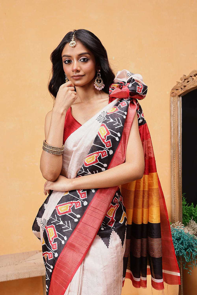 Beige Floral Printed Art Silk Ready to Wear Saree