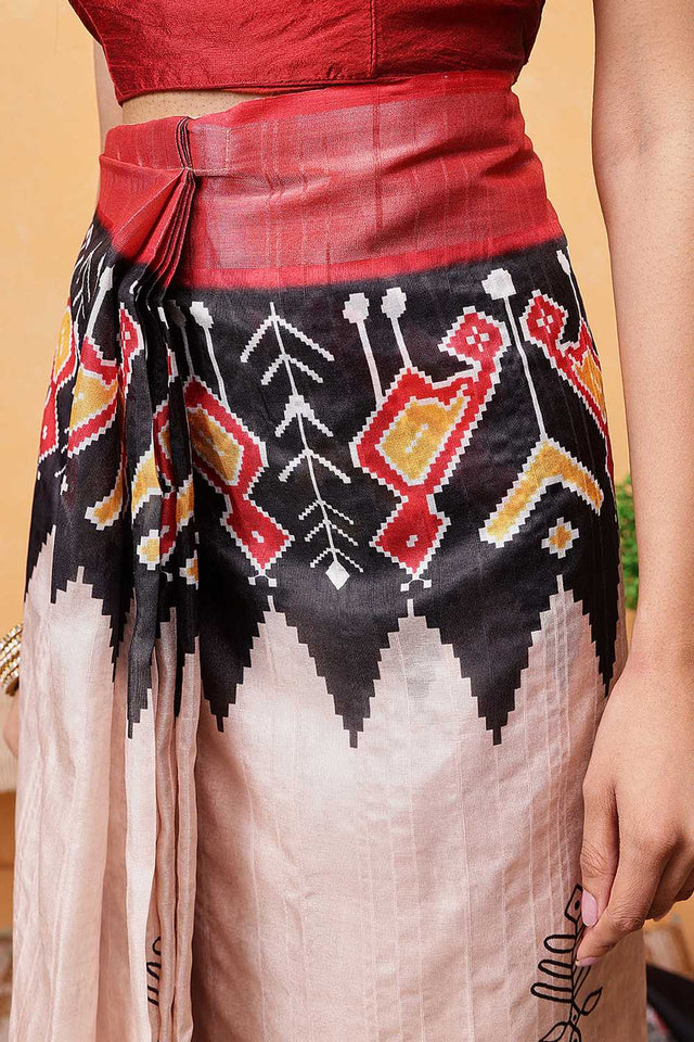 Beige Floral Printed Art Silk Ready to Wear Saree