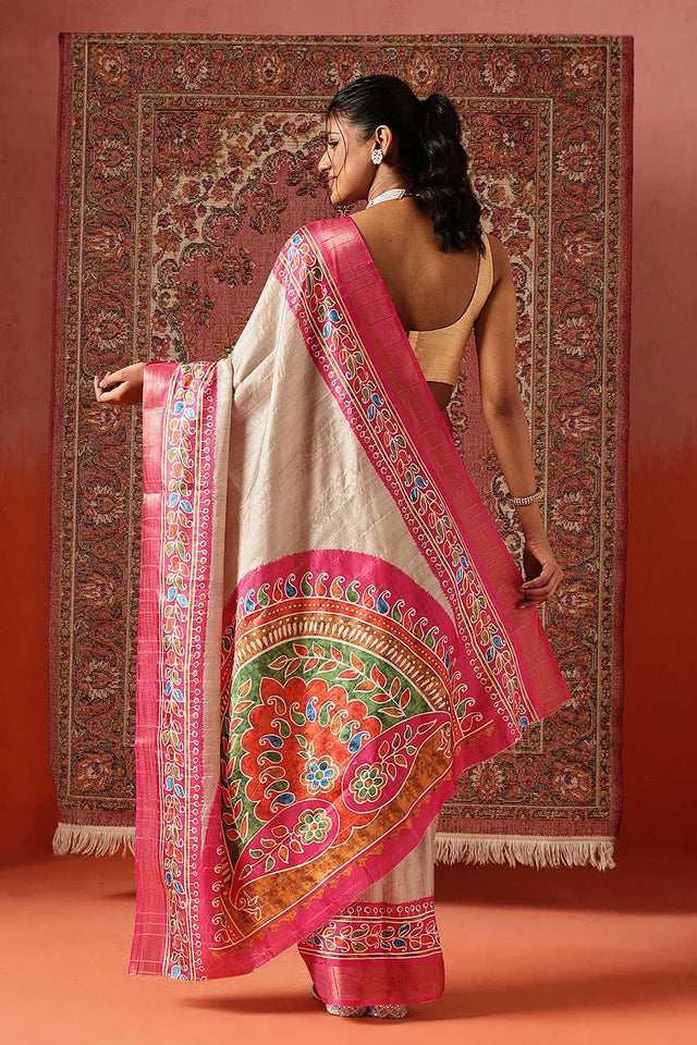 Pink Floral Printed Silk Ready to Wear Saree
