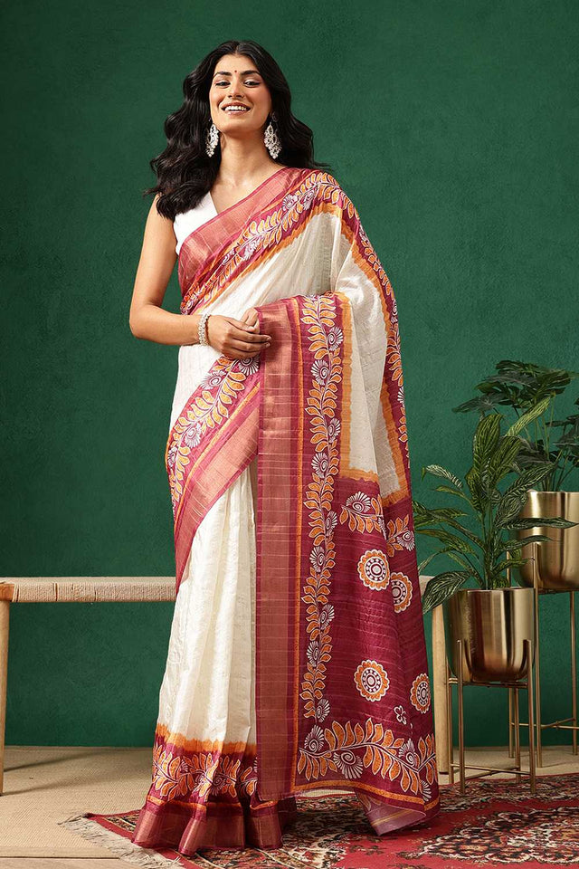 Red Floral Printed Silk Ready to Wear Saree