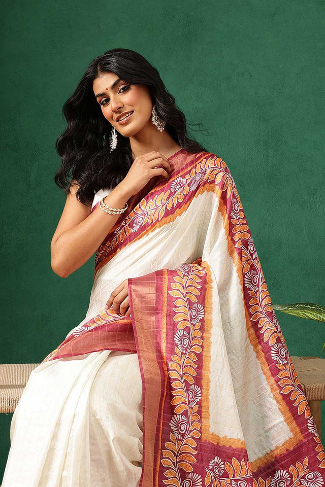 Red Floral Printed Silk Ready to Wear Saree