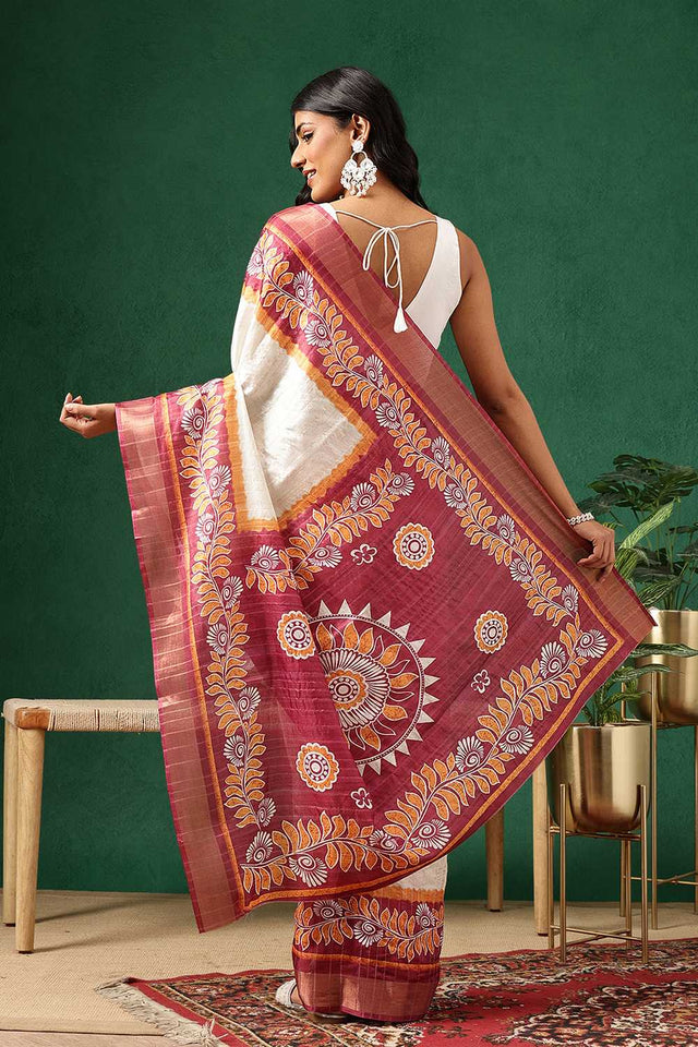 Red Floral Printed Silk Ready to Wear Saree