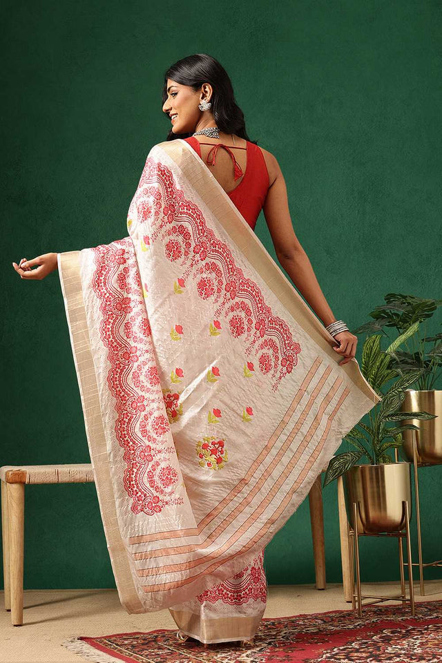 Red Floral Printed Silk Ready to Wear Saree