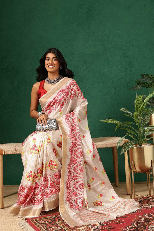 Red Floral Printed Silk Ready to Wear Saree