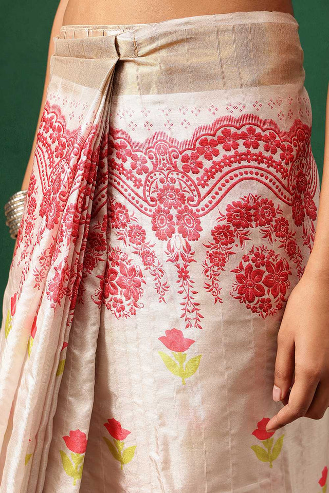 Red Floral Printed Silk Ready to Wear Saree