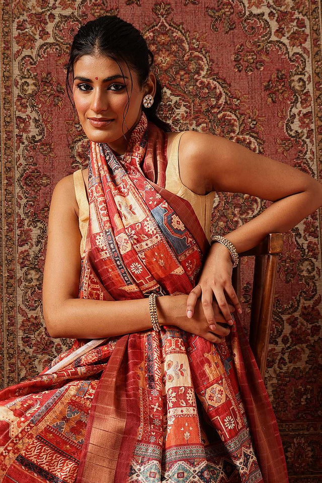 Maroon Floral Printed Silk Ready to Wear Saree