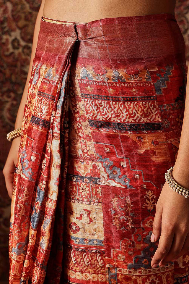 Maroon Floral Printed Silk Ready to Wear Saree