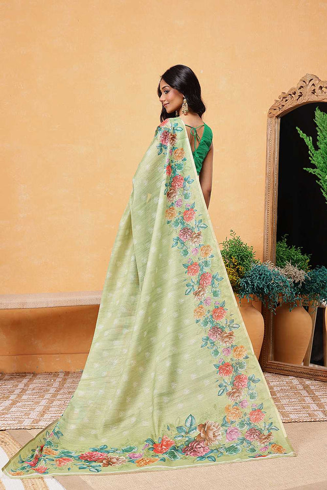 Olive Green Floral Printed Cotton Blend Ready to Wear Saree