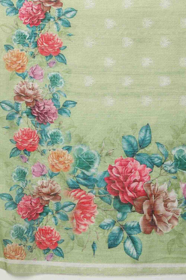 Olive Green Floral Printed Cotton Blend Ready to Wear Saree