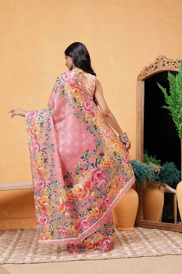 Pink Floral Printed Cotton Blend Ready to Wear Saree