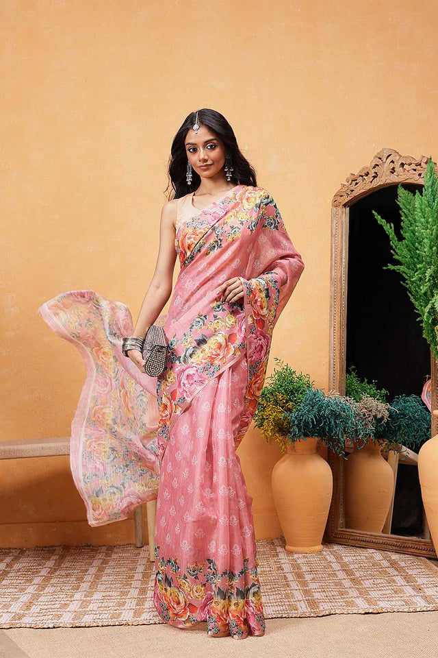 Pink Floral Printed Cotton Blend Ready to Wear Saree