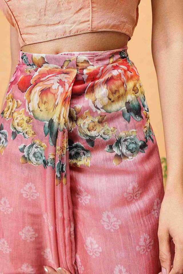 Pink Floral Printed Cotton Blend Ready to Wear Saree