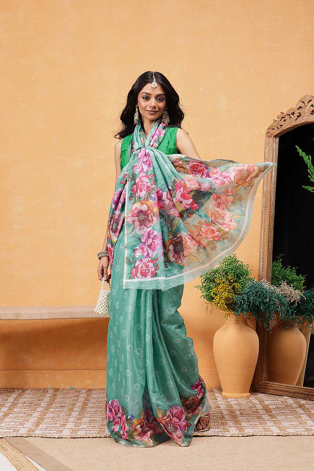 Turquoise Floral Printed Cotton Blend Ready to Wear Saree