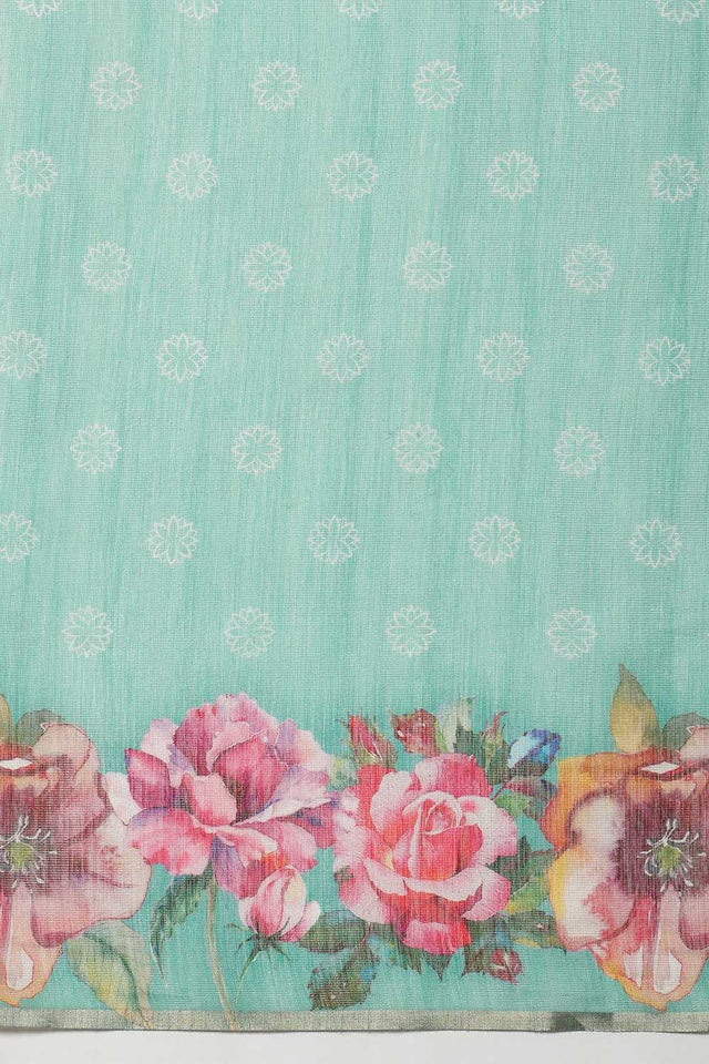 Turquoise Floral Printed Cotton Blend Ready to Wear Saree