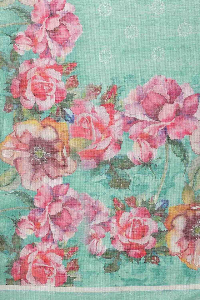 Turquoise Floral Printed Cotton Blend Ready to Wear Saree