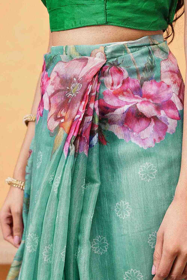 Turquoise Floral Printed Cotton Blend Ready to Wear Saree