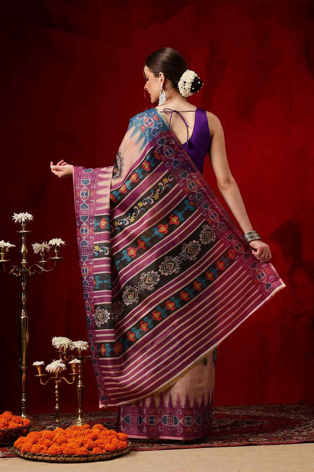 Beige Printed Cotton Blend Ready to Wear Saree