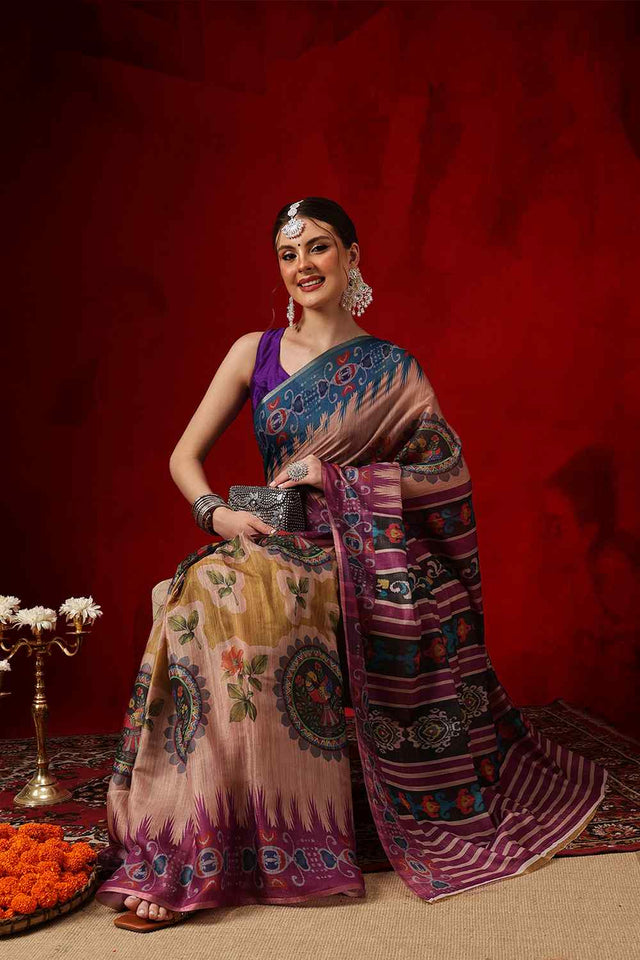 Beige Printed Cotton Blend Ready to Wear Saree