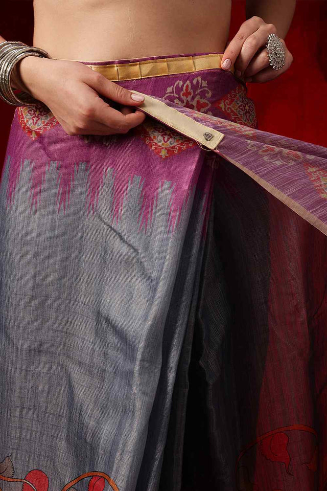 Violet Printed Cotton Blend Ready to Wear Saree