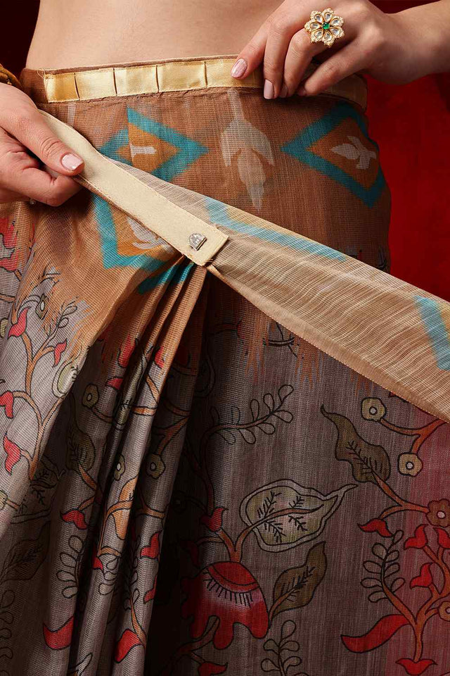 Red Printed Cotton Blend Ready to Wear Saree