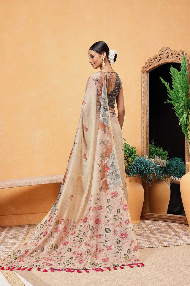 Beige Animal Printed Cotton Blend Ready to Wear Saree