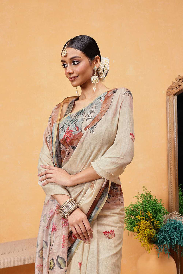 Beige Animal Printed Cotton Blend Ready to Wear Saree