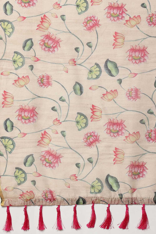 Beige Animal Printed Cotton Blend Ready to Wear Saree