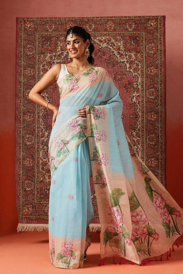 Lavender Abstract Printed Cotton Blend Ready to Wear Saree