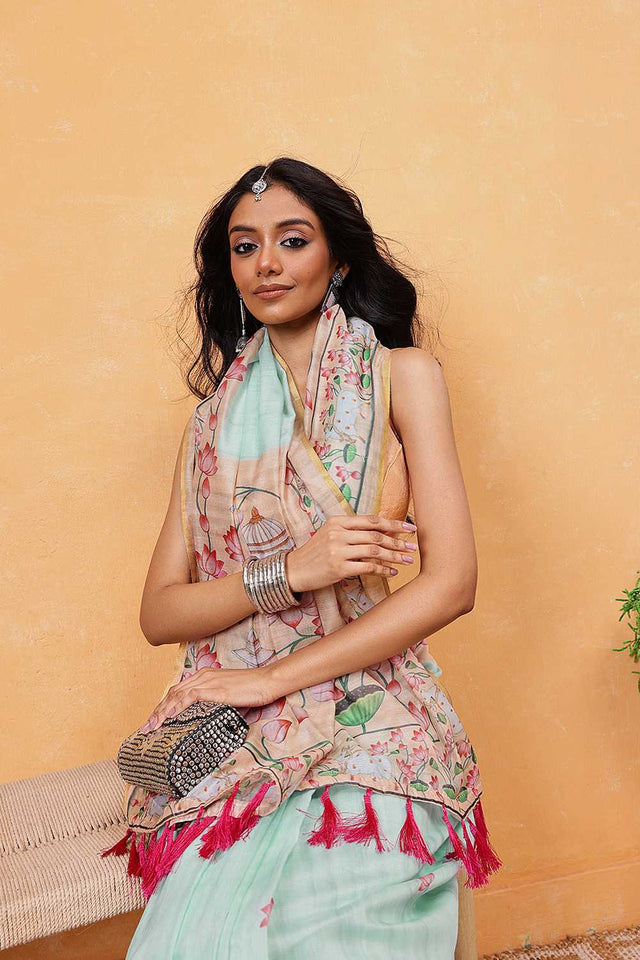 Turquoise Animal Printed Cotton Blend Ready to Wear Saree