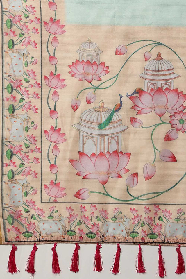 Turquoise Animal Printed Cotton Blend Ready to Wear Saree