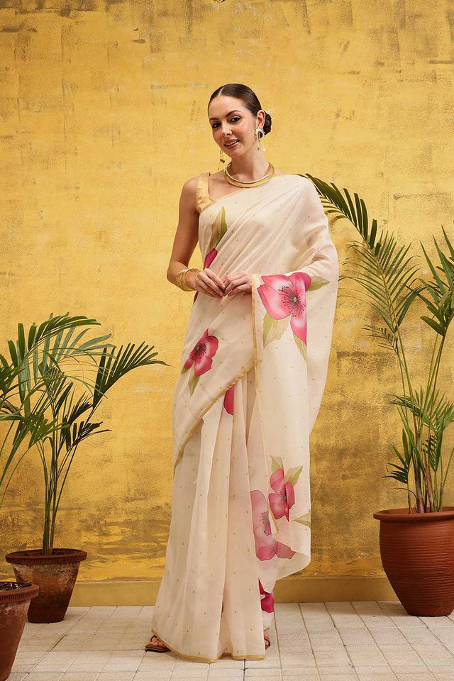 Beige Floral Printed Cotton Blend Ready to Wear Saree