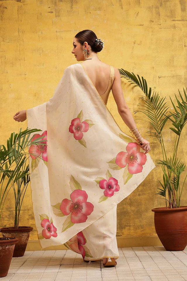 Beige Floral Printed Cotton Blend Ready to Wear Saree